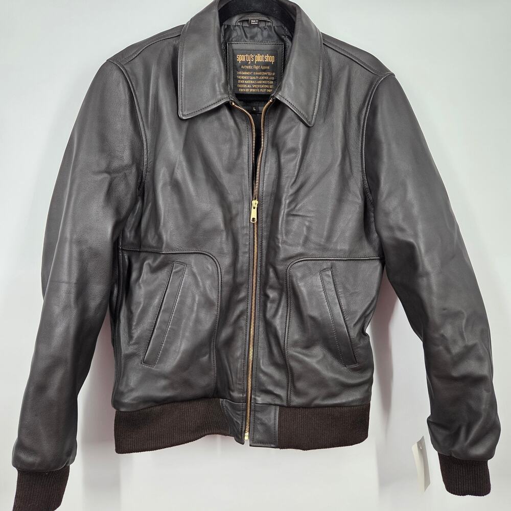 NEW Sportys Pilot Shop Leather Bomber Mens L Brown Goatskin Flight Jacket Type 2